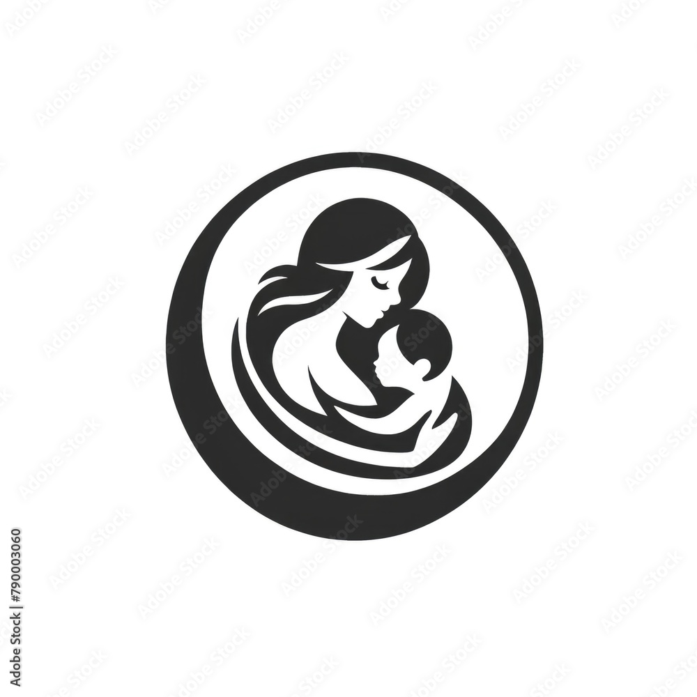 Minimalist Monochrome Mother and Child Logo in a Circle Minimalist Monochrome Mother and Child Logo in a Circle