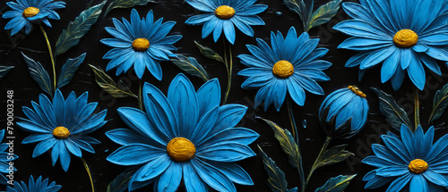 Closeup painting of a nightly field full of blue flowers, gerbera photo