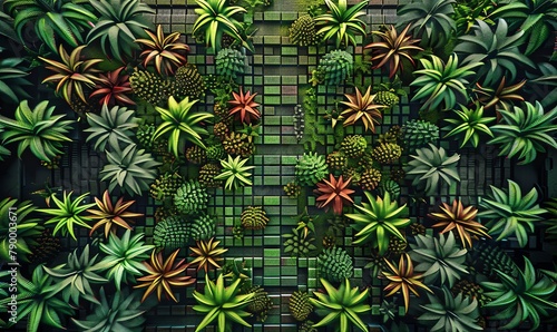 Craft a pixel art digital rendering of an aerial view of a unique botanical sanctuary, featuring a mesmerizing array of rare plants in a dynamic, retro-inspired style