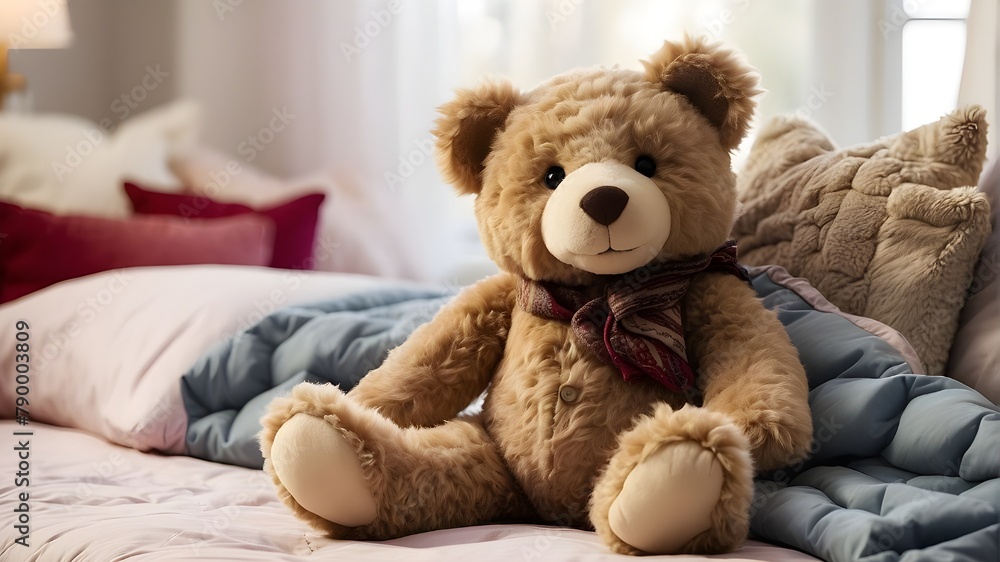: A fluffy stuffed teddy bear sitting on a child's bed, offering comfort and companionship 