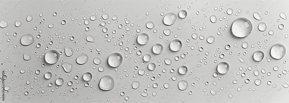 Numerous clear water droplets of varying sizes are scattered across a smooth, gray surface. The droplets are in sharp focus, creating a pattern of circular elements with subtle reflections. Numerous clear water droplets of varying sizes are scattered across a smooth, gray surface. The droplets are in sharp focus, creating a pattern of circular elements with subtle reflections.