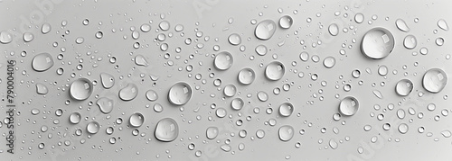 Numerous clear water droplets of varying sizes are scattered across a smooth, gray surface. The droplets are in sharp focus, creating a pattern of circular elements with subtle reflections.