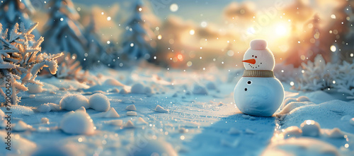 A snowman with a scarf and hat stands in the snow next to some fallen leaves, with the snow and leaves creating a beautiful contrast, Winter Concept photo