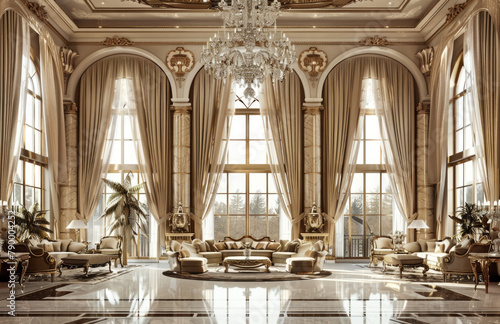 A large living room with golden decoration, featuring elegant sofas and chairs, marble floors, gold curtains, crystal chandeliers hanging from the ceiling, large windows with white drapes © Kien