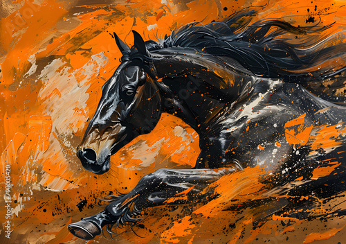 Abstract Horse Painting with Dynamic Orange Brush Strokes © maikuto