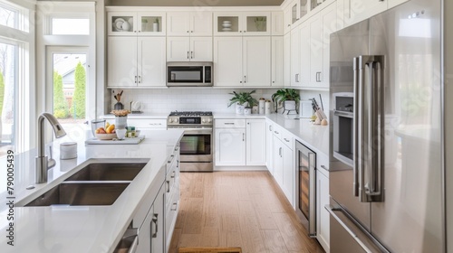 A large kitchen with white cabinets and a stainless steel sink. The sink is next to a large refrigerator and microwave. The kitchen is very clean and organized