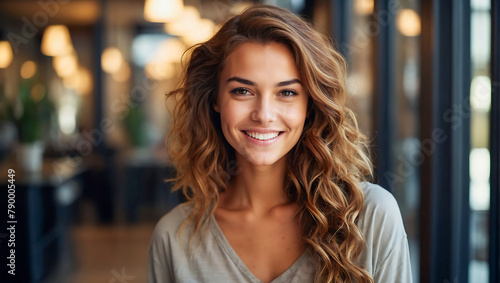 portrait of stunning young woman smiling with a beautiful bokeh background
