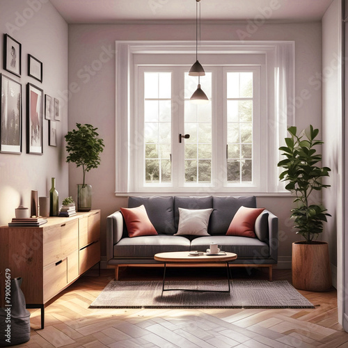 Interior of a living room. 3d render. Interior design. Interior of modern living room with sofa, coffee table and plant. 