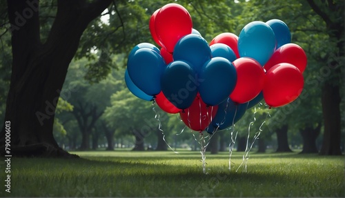 red and blue balloons on park with giant gold buddha statue from Generative AI