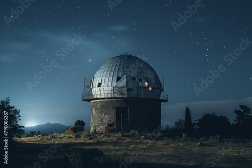 Abandoned observatory broadcasting phantom signals, night, wide shot, unsettling quiet photo