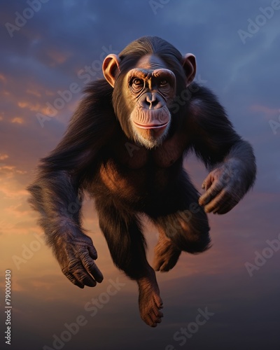 Chimpanzee running, entwined with quantum and holographic imagery, estuary setting, dusk's calm
