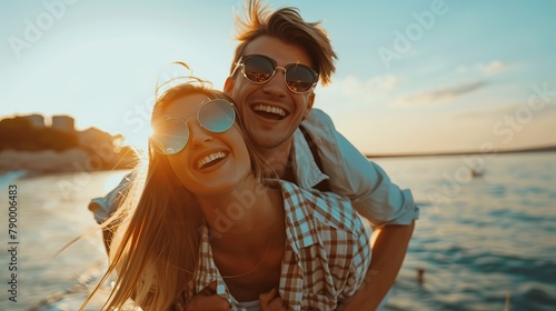 Couple in love, enjoying the summer time by the sea.Joyful girl piggybacking on young boyfriend having fun. copy space for text. #790006483