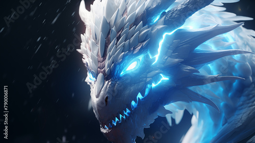A blue dragon with glowing eyes is the main focus of the image