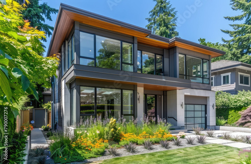 A modern, twostory home with large windows and glass doors in the city of Vancouver's Eastbased neighborhood, featuring an advertisement for luxury homes. © Kien