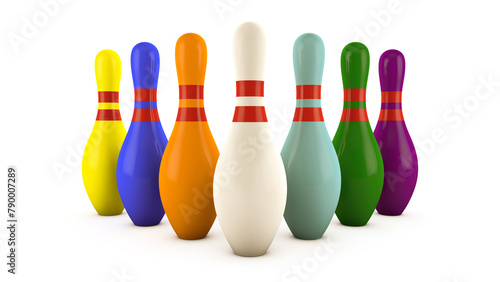 Colored bowling pins on a white background. Sports equipment. The concept of a leader. 3d rendering. Illustration.
