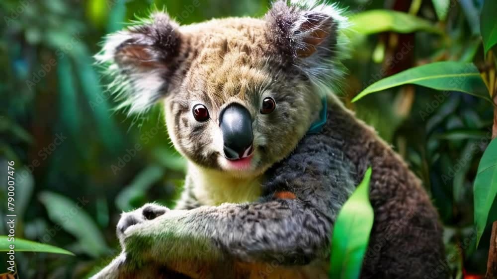 Endearing koala resting amidst eucalyptus foliage. Vivid close-up of a fluffy Australian marsupial. Concept of wildlife conservation, natural habitats, and adorable animal. Motion Endearing koala resting amidst eucalyptus foliage. Vivid close-up of a fluffy Australian marsupial. Concept of wildlife conservation, natural habitats, and adorable animal. Motion