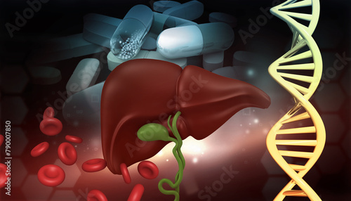 Liver anatomy with DNA, medical pills. 3d illustration.
