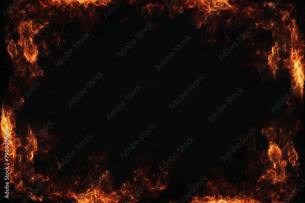 Fire frame effect isolated on black background. Copy space for text in the middle image.