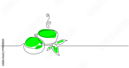 Simple vector illustration of the green tea matcha powder. Floral line art with the tea cup and branch of the green tea leaves.
