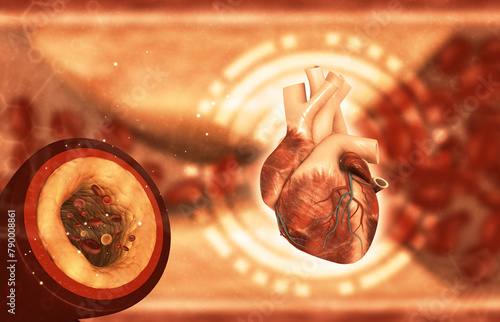 Cholesterol in human heart, Clogged blood vessels. 3d illustration photo