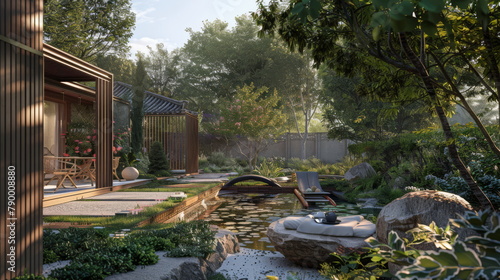 Lush garden patio setup, serene outdoor living space. Perfect for home lifestyle, tranquility.
