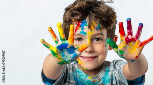 Child s joyful expression with colorful hands  excellent for creative development themes.