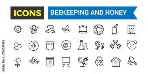 Beekeeping And Honey Products Icons Set, Set Of Bee Hive, Apiary, Apiculture, Beekeeper, Honey Jar, Pollen, Perga, Bee Bread, Bee Queen, Royal Jelly, Apiculture Vector Icon, Vector Illustration photo