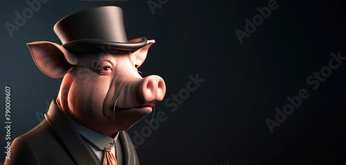 Gentleman, the boss is a fat pig, a piglet in a hat, suit and tie. Banner header. AI generated. photo