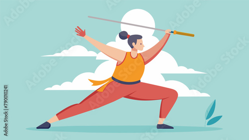 A person stands in a warrior pose one hand extended towards the sky and the other holding a bo staff showcasing the balance between strength