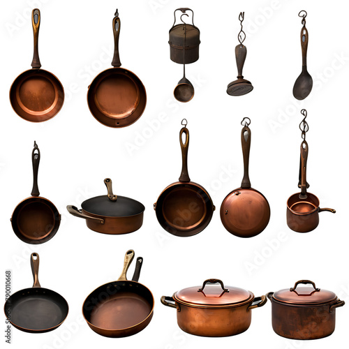 A collection of antique copper pots and pans Transparent Background Images 