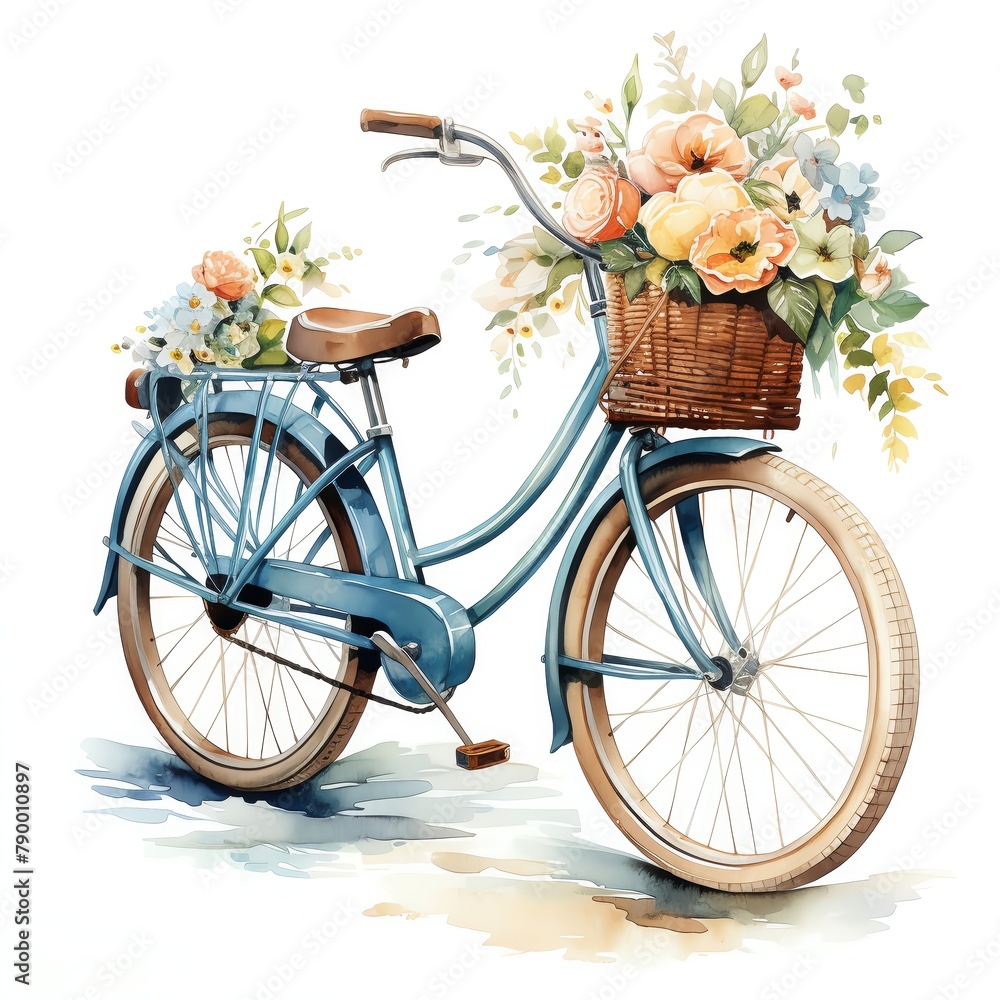 watercolor painting of a blue bicycle with a basket full of flowers
