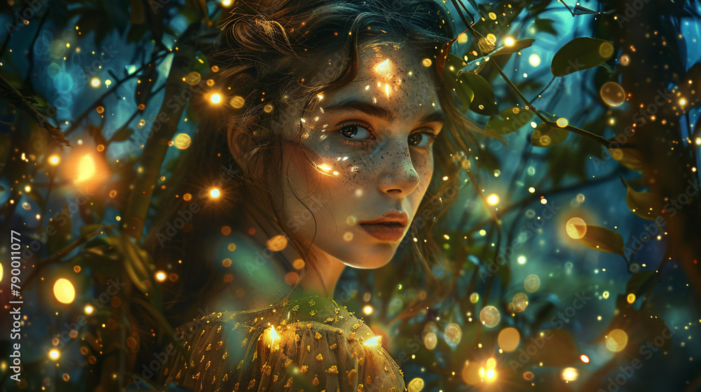 Fantasy portrait of a woman in a magical forest Illustration