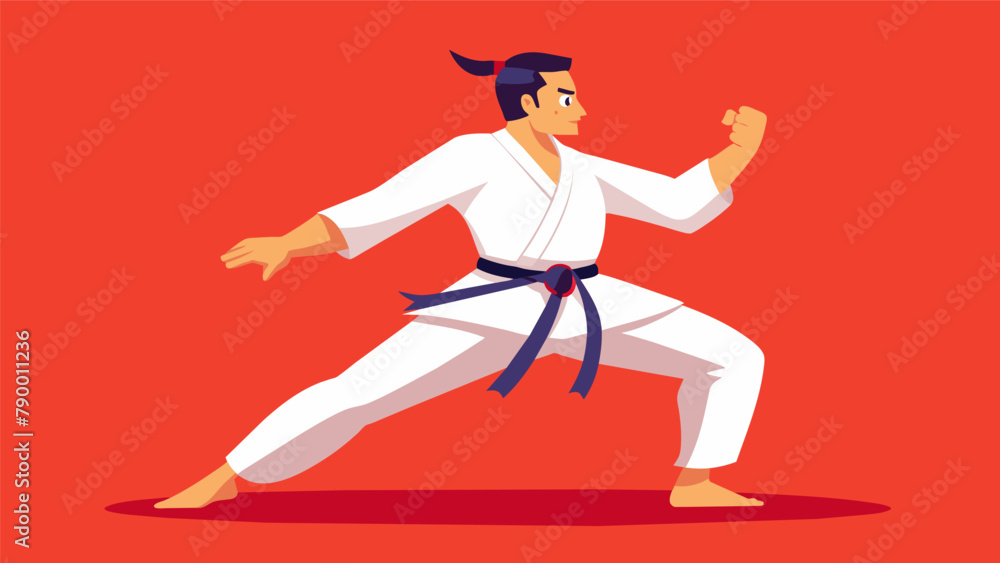 A martial artist performing the kata or choreographed sequence of movements with perfect form and precision demonstrating the importance of