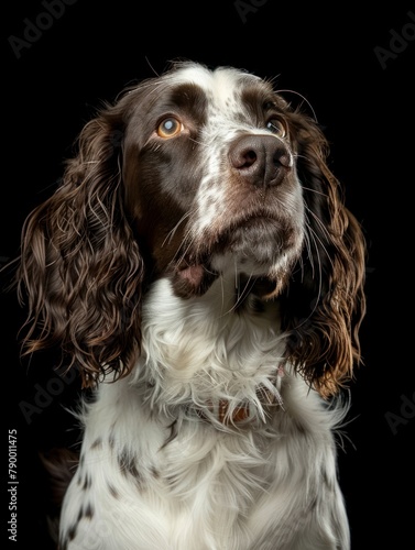 Studio portrait of a dog over a black background english springer spaniels