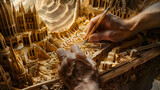 A detailed perspective of a carpenters hands shaping complex structures from wood. demonstrating the skill and artistry in carpentry. The emphasis is on precise shapings with woodworking tools