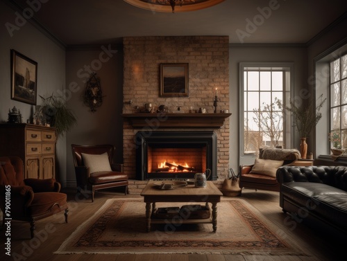 A cozy living room with a fireplace, decorated with warm tones and a mix of modern and rustic furniture © CG Design
