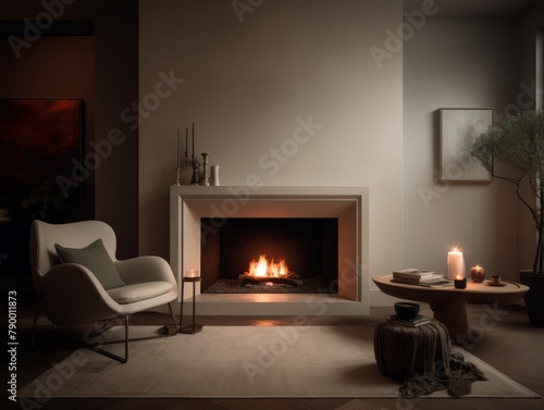 A cozy living room with a fireplace, decorated with warm tones and a mix of modern and rustic furniture