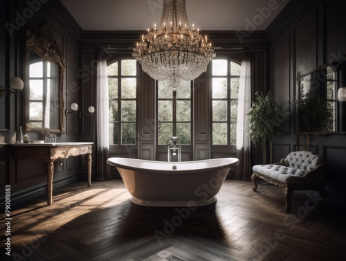 A luxurious bathroom with a freestanding bathtub and a chandelier
