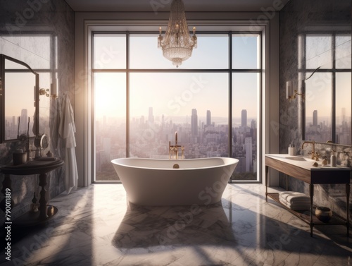 A luxurious bathroom with marble floors and a freestanding soaking tub  featuring a custom chandelier