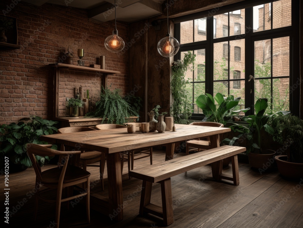 A rustic dining room with a large wooden table and exposed brick walls
