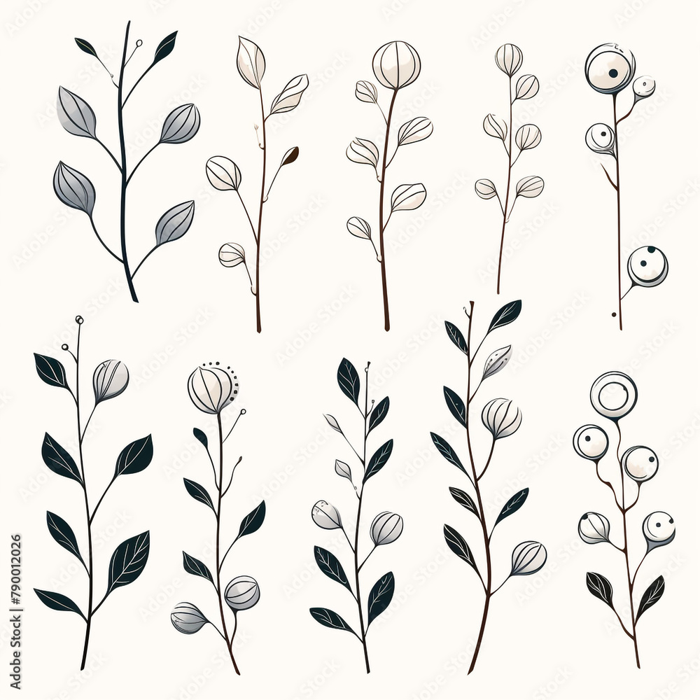 a set of illustrated single, single-colored twigs with rounded leaves and balls in a lineart style, drawn with a fineliner сreated with Generative Ai a set of illustrated single, single-colored twigs with rounded leaves and balls in a lineart style, drawn with a fineliner сreated with Generative Ai