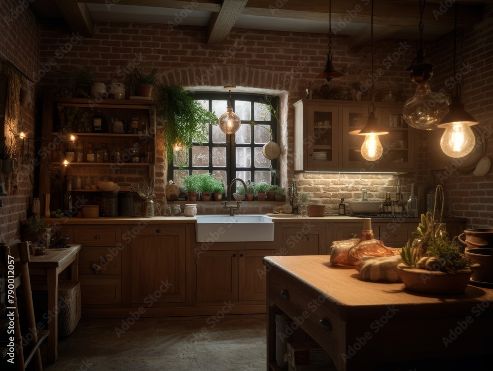 Cozy farmhouse kitchen with rustic exposed brick walls and a farmhouse sink, illuminated by warm pendant lights Cozy farmhouse kitchen with rustic exposed brick walls and a farmhouse sink, illuminated by warm pendant lights