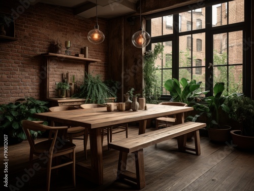 A rustic dining room with a large wooden table and exposed brick walls  © CG Design