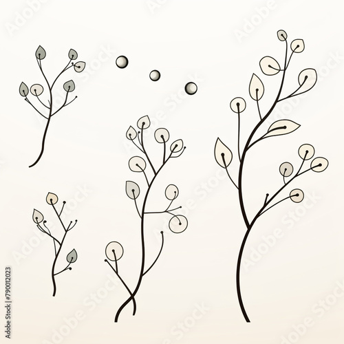 a set of illustrated single  single-colored twigs with rounded leaves and balls in a lineart style  drawn with a fineliner   reated with Generative Ai