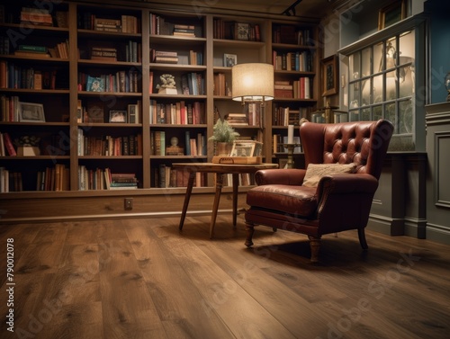 Cozy reading nook in a library with floor-to-ceiling bookshelves during rainy weather