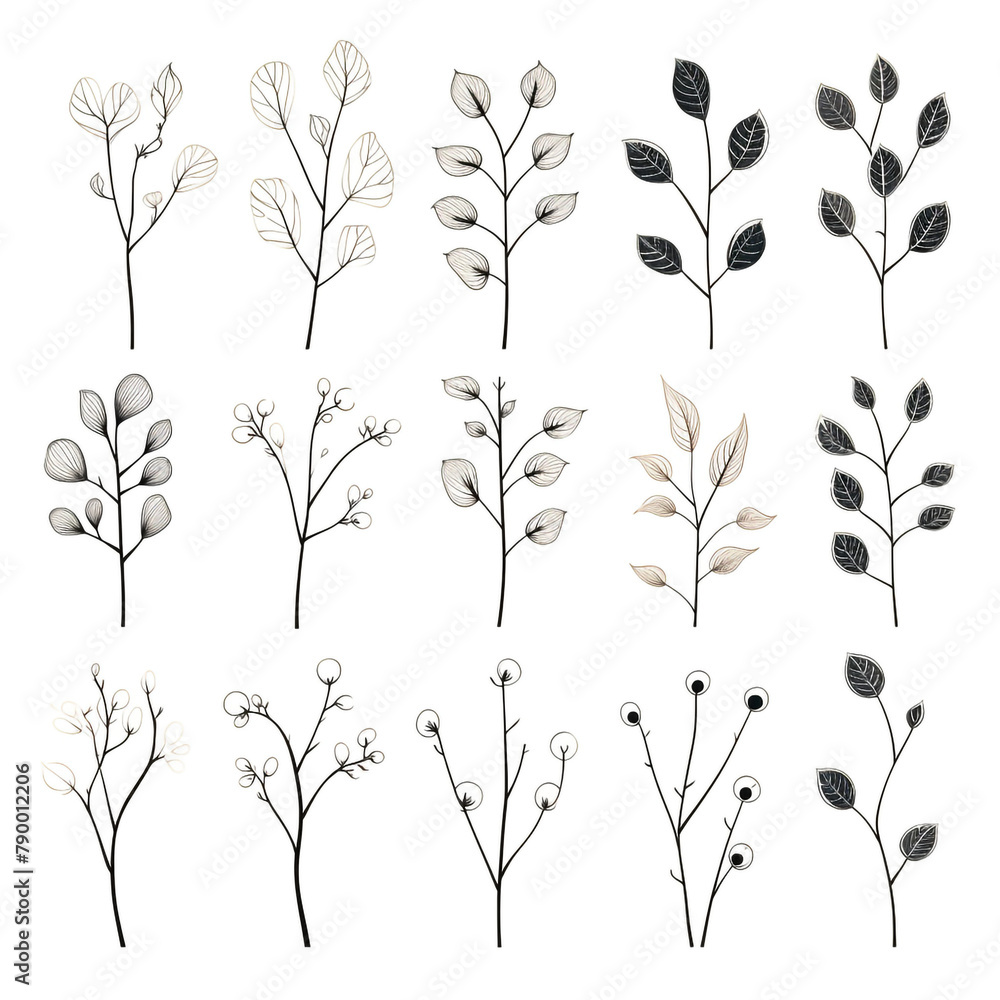 a set of illustrated single, single-colored twigs with rounded leaves and balls in a lineart style, drawn with a fineliner сreated with Generative Ai a set of illustrated single, single-colored twigs with rounded leaves and balls in a lineart style, drawn with a fineliner сreated with Generative Ai