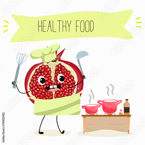 Cute garnet, pomegranate characters, funny fruits, characters with different activities. Flat vector illustration. Organic food, healthy food, illustrations for kids menu, invitations.