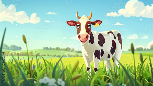 A cartoon cow is standing in a green field on a sunny day.