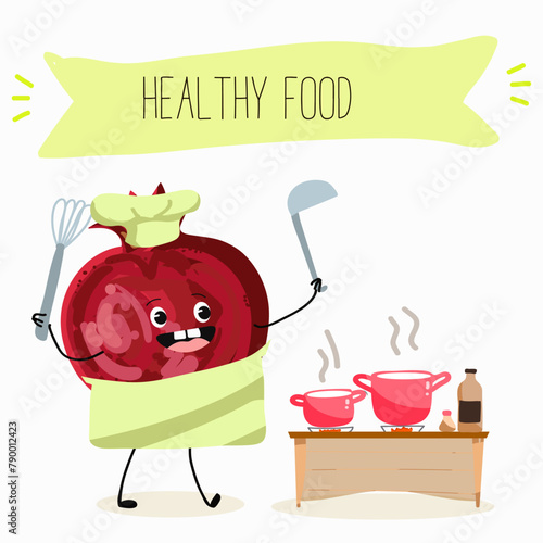 Cute garnet, pomegranate characters, funny fruits, characters with different activities. Flat vector illustration. Organic food, healthy food, illustrations for kids menu, invitations.