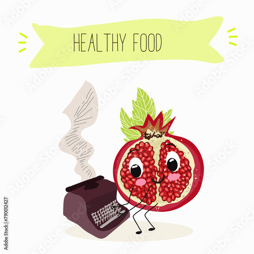 Cute garnet, pomegranate characters, funny fruits, characters with different activities. Flat vector illustration. Organic food, healthy food, illustrations for kids menu, invitations.